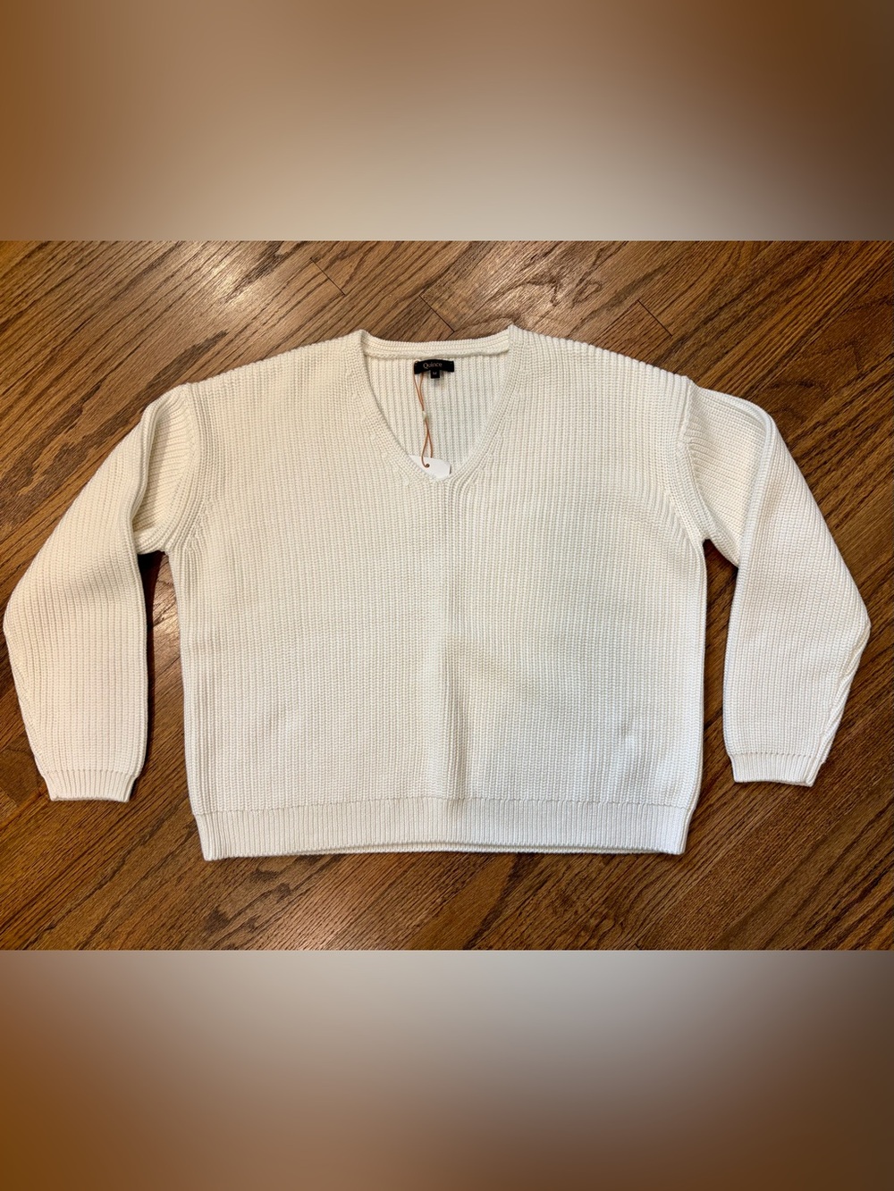 Quince Women's Ivory V-Neck Ribbed Fisherman Sweater, Medium, NWT